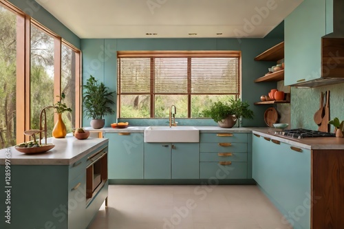 Modern Teal Kitchen Interior with Large Windows, Farmhouse Sink, and Natural Wood Accents in a Bright Contemporary Home