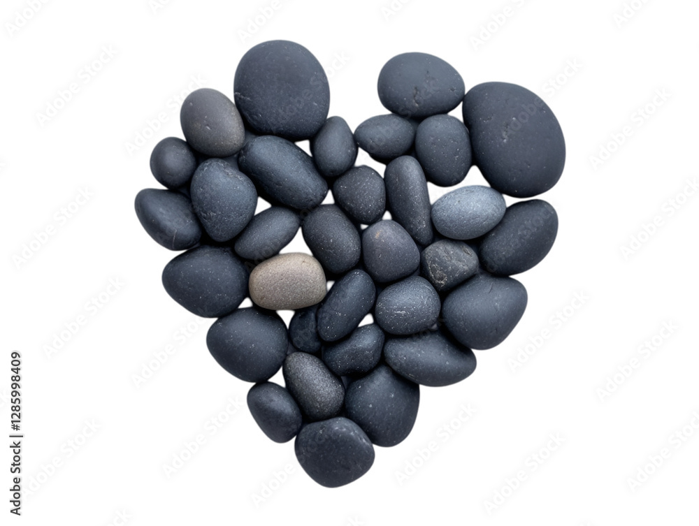 A heart shape created from smooth, dark pebbles symbolizes love and tranquility in nature.