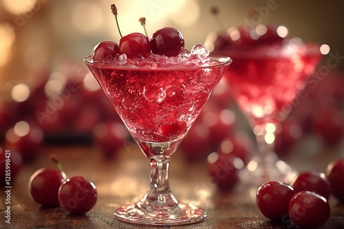 Close-up of two martini glasses filled with a red, cherry-flavored drink, garnished with fresh cherries and ice. Surrounded by more cherries in soft focus photo