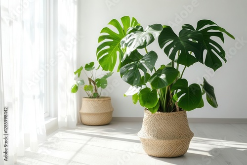 serene scandinavian living space with high ceilings white walls natural wood elements and statement monstera plant flooded with natural light