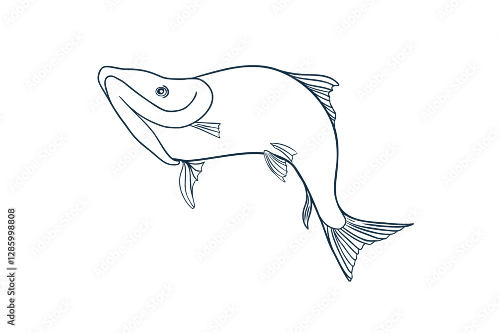 Obraz premium Silhouette sea fish swimming black white vector illustration. Salmon sketch hand drawn. Nerka fish painted ink linear art. Sockeye drawing in outline. Design element for package, label, sign board.