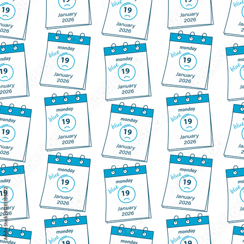 2026 January 19 Sad emoticon, date and lettering Calendar pages Seamless Pattern Blue Monday fond
