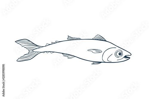 Mackerel silhouette black white vector illustration. Bluefish sketch hand drawn. King sea fish painted ink linear art. Bonito tuna drawing in outline. Design element for package, label, sign board.