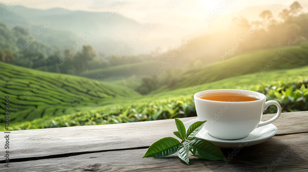 Cup of hot tea and tea leaf at tea plantations background Cup of hot tea and tea leaf at tea plantations background