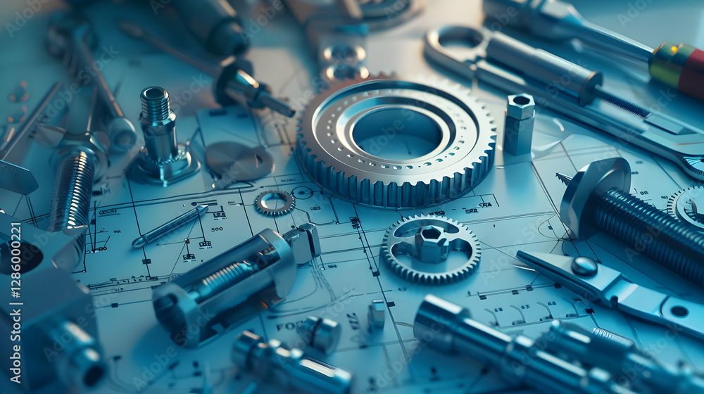 Fototapeta premium Close-up of various metallic tools and gears arranged on a blueprint background, showcasing craftsmanship