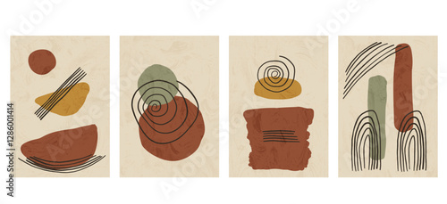Japandi posters set. Abstract boho interior wall decor. Vector geometry and organic shapes background zen aesthetic. Textured banners with balanced figures in warm colors. Irregular forms design art.