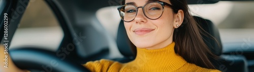 A smiling woman in glasses driving a car, wearing a cozy yellow sweater, exuding confidence and joy.