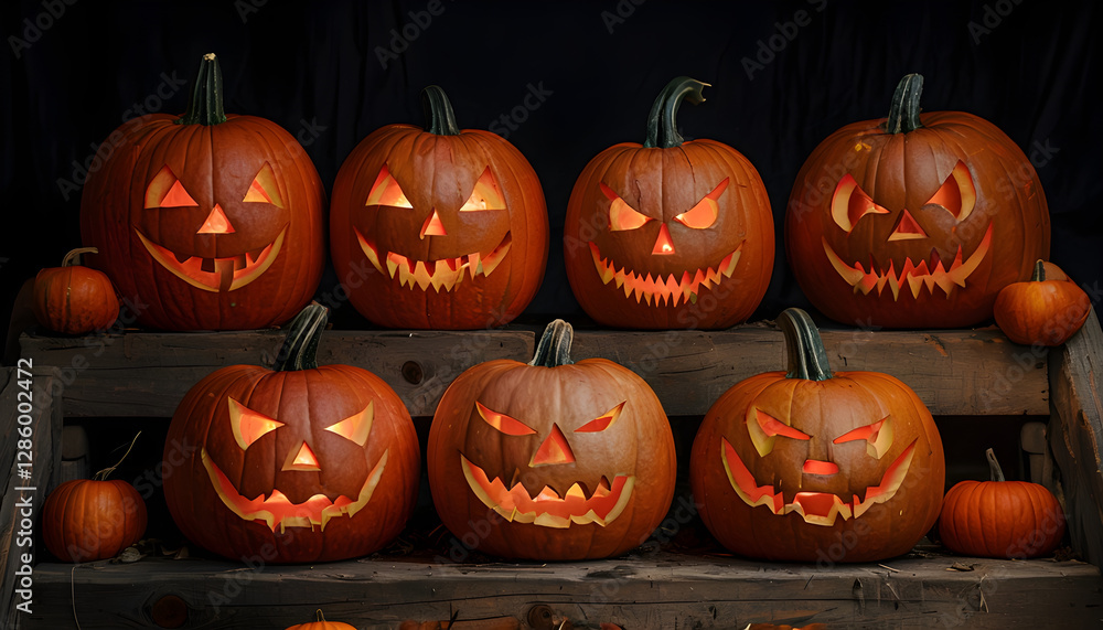 Symmetrical Arrangement Of Illuminated Jack-O'-Lanterns On Rustic Steps Symmetrical Arrangement Of Illuminated Jack-O'-Lanterns On Rustic Steps