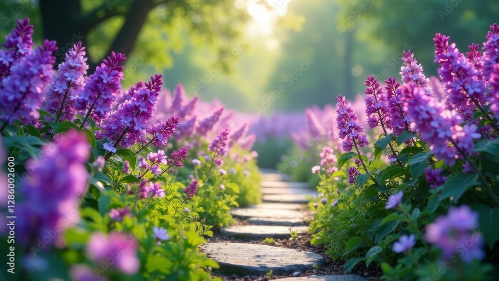 Obraz premium A sunlit path meanders through a vibrant garden, lined with rows of delicate purple blossoms, creating a serene and picturesque scene.