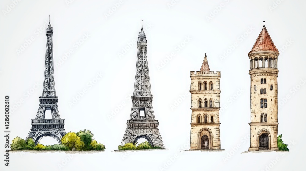 Obraz premium Famous world landmarks including Eiffel Tower and historical buildings in artistic travel themed composition symbolizing global tourism architectural beauty and cultural heritage
