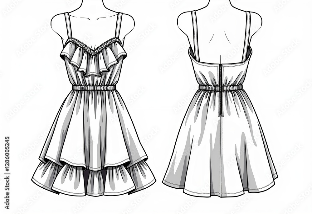 Fototapeta premium Visualize Your Collection: Ruffled Layered Mini Dress Technical Flat Sketch - Women's Apparel CAD Template for Streamlined Design & Production.