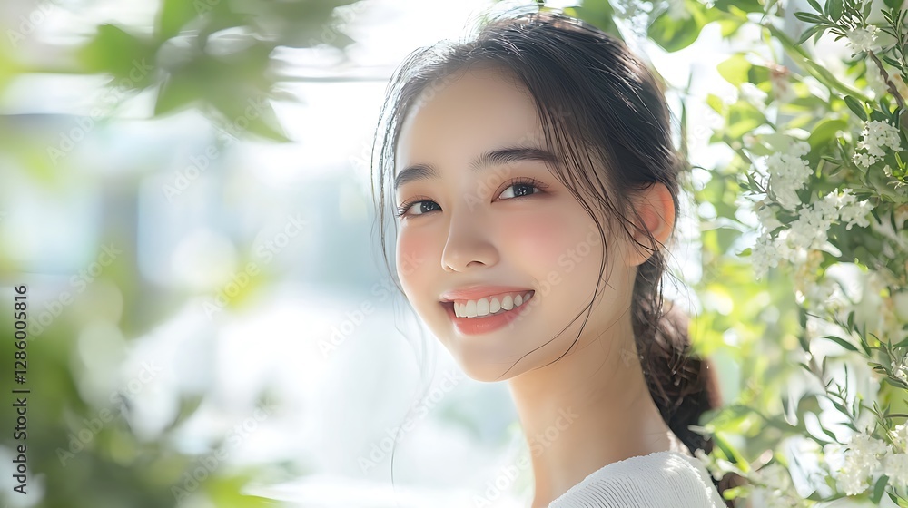 Portrait of a smiling young woman, showcasing natural beauty and skincare in a bright, clean environment. Portrait of a smiling young woman, showcasing natural beauty and skincare in a bright, clean environment.