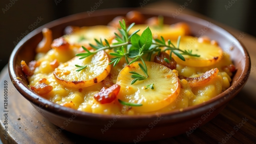 Savory Potato and Bacon Casserole with Aromatic Herbs, Baked to Golden Perfection in an Earthenware Dish Savory Potato and Bacon Casserole with Aromatic Herbs, Baked to Golden Perfection in an Earthenware Dish