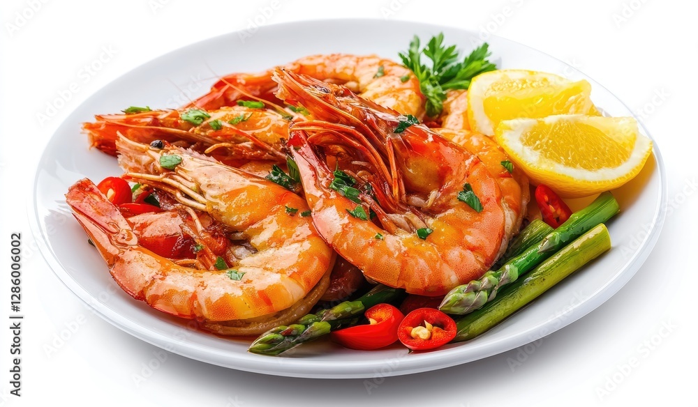 Grilled Shrimp with Asparagus, Lemon, and Chili Peppers on a Plate Grilled Shrimp with Asparagus, Lemon, and Chili Peppers on a Plate