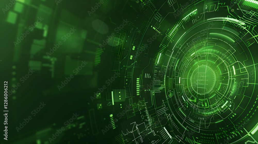 Fototapeta premium Abstract green digital background with circular patterns and data elements for technology designs