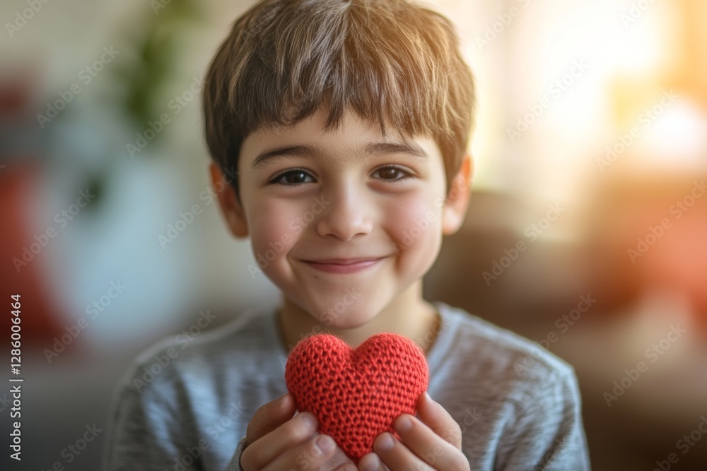 Valentine's day greeting and funny gift. Happy face cute middle eastern adolescent boy with small knitted heart in hands. February 14 cute moment. Cute kid's heartwarming moment. Love you bab. Valentine's day greeting and funny gift. Happy face cute middle eastern adolescent boy with small knitted heart in hands. February 14 cute moment. Cute kid's heartwarming moment. Love you bab.