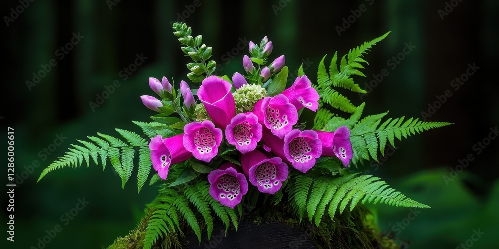 Obraz premium Lush Secret Garden Whimsy. Merging trailing ivy, pale pink foxgloves, and deep emerald ferns in an enchanting, hidden garden-inspired bouquet.