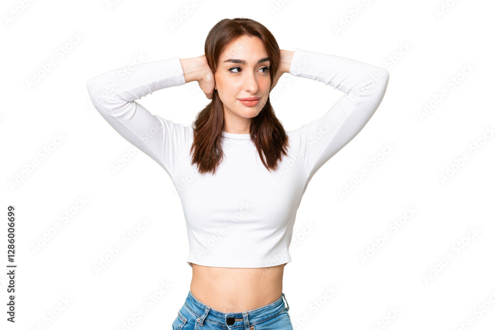 Young caucasian woman over isolated chroma key background frustrated and covering ears Young caucasian woman over isolated chroma key background frustrated and covering ears