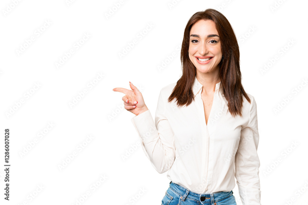 Young caucasian woman over isolated chroma key background pointing finger to the side Young caucasian woman over isolated chroma key background pointing finger to the side