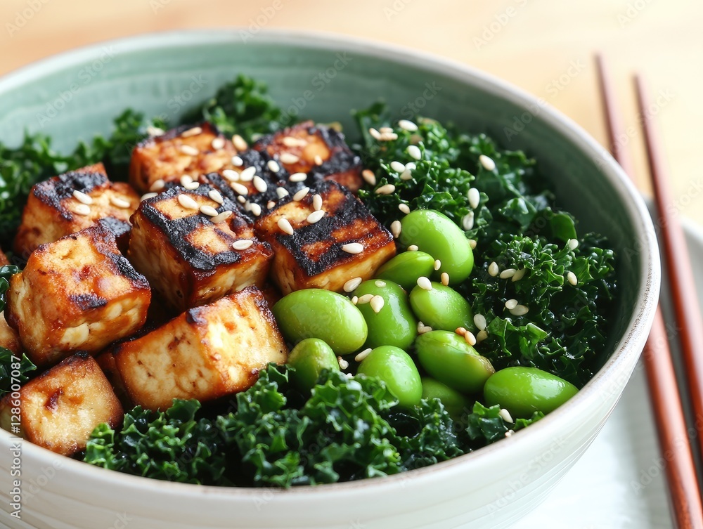 Grilled Tofu and Edamame Bowl with Kale on Wooden Table Grilled Tofu and Edamame Bowl with Kale on Wooden Table