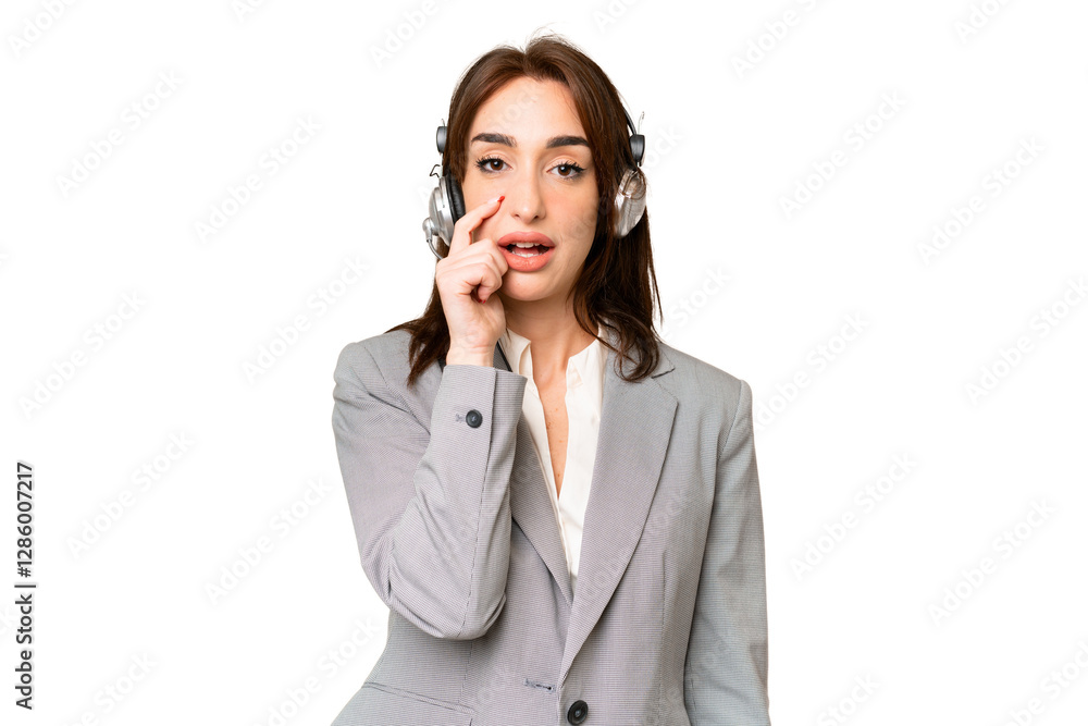 Telemarketer caucasian woman working with a headset over isolated chroma key background surprised and shocked while looking right Telemarketer caucasian woman working with a headset over isolated chroma key background surprised and shocked while looking right