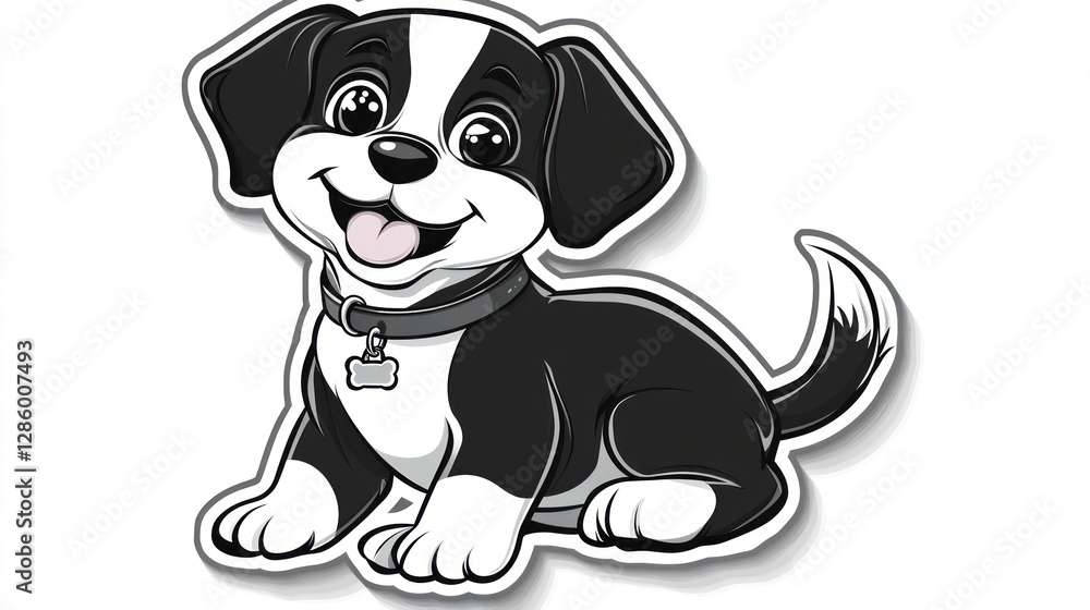 Cute cartoon puppy, sitting, cheerful expression, simple design, digital art