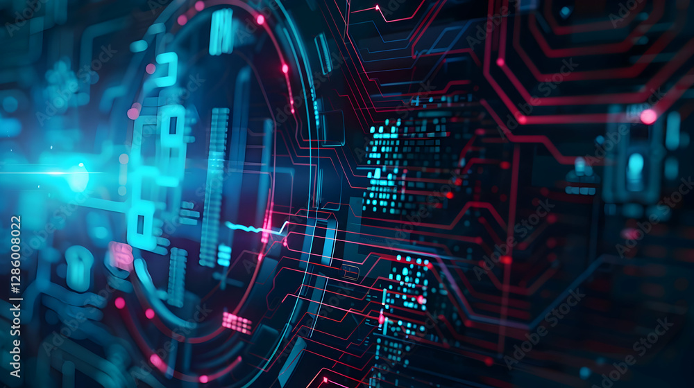 Fototapeta premium Abstract digital circuit design with glowing lines and patterns, showcasing technology and innovation