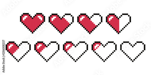 Pixel Art Heart Health Bar, Retro Game Life Indicator