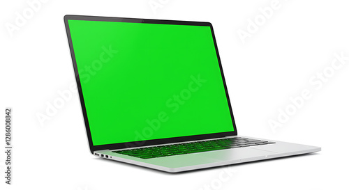 Modern Silver Laptop with Vibrant Green Screen Isolated on White Background Ready for Design Mockup