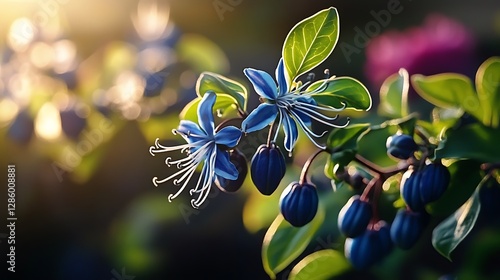 Golden Hour Bloom: Vibrant Blue Flowers in a Lush Garden AI Generated