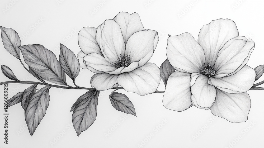 Fototapeta premium Flowers in pencil drawing style on a white background.
