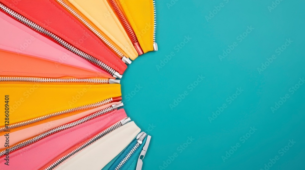 Colorful Zippers Arranged in a Circular Pattern on a Teal Background Colorful Zippers Arranged in a Circular Pattern on a Teal Background