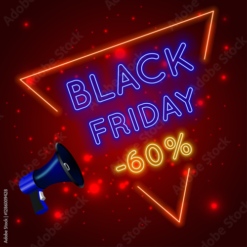 Neon Black Friday Fund with 60% discount. Vector illustration or promotional designs, billboard sales and advertising campaigns.