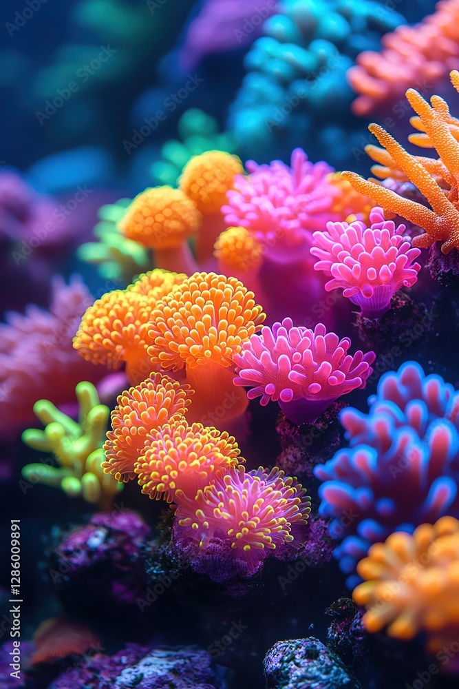 Array of vibrant coral species on a dark background, neon colors, high contrast, detailed focus Array of vibrant coral species on a dark background, neon colors, high contrast, detailed focus