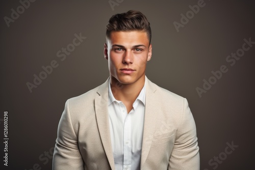 A man in a white shirt and tan jacket is standing in front of a wall
