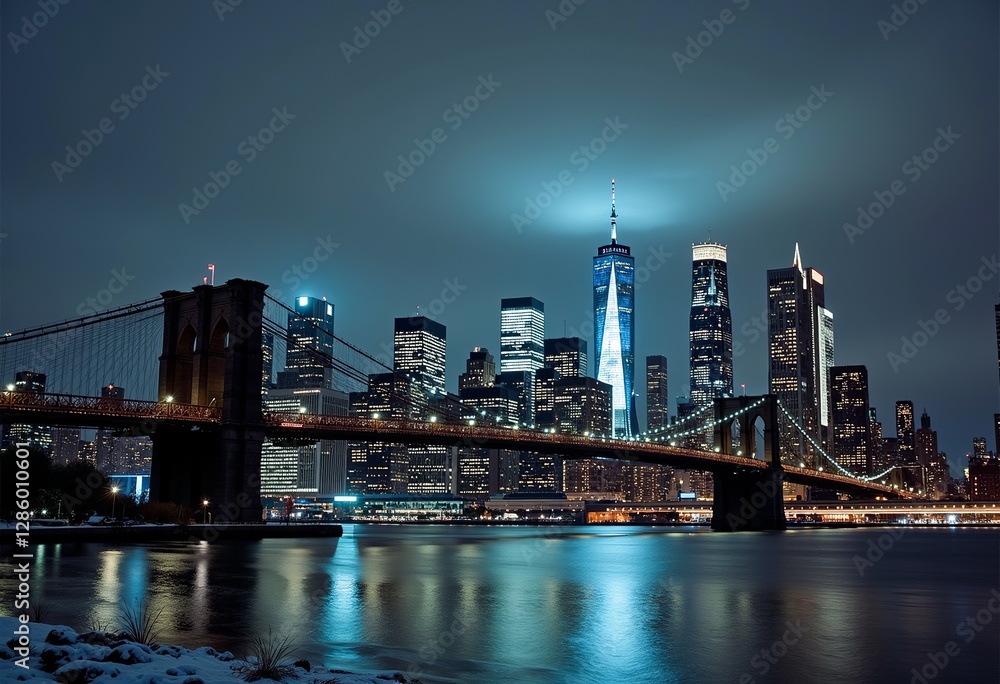 Fototapeta premium Manhattan's Luminous Embrace: A Cinematic Nightscape of Glowing Skyscrapers, Sparkling City Lights, and the Iconic Brooklyn Bridge Amidst a Snowy, Dark Gray Sky.