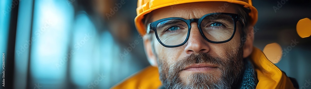 Confident construction worker in safety gear, industrial site background Confident construction worker in safety gear, industrial site background