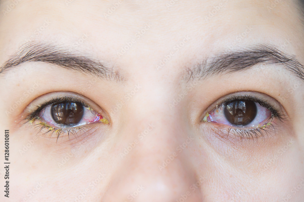 Fototapeta premium Red inflamed eyes with discharge caused by conjunctivitis, close-up of a human face, symptoms of eye infection, medical issue, ophthalmology, eye health, concept of healthcare