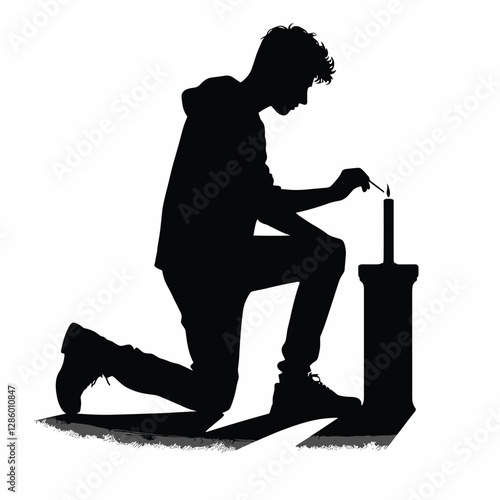 Silhouette of Person Lighting Candle in Reflection Meditation - Black and White Illustration