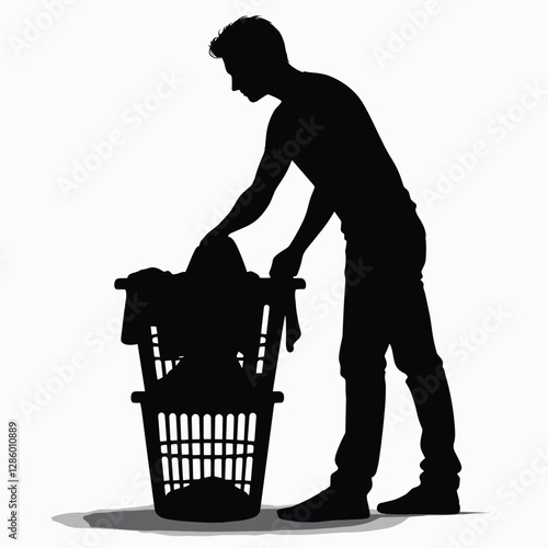 Silhouette of Person Doing Laundry with Clothes Basket - Minimalist Black and White Illustration