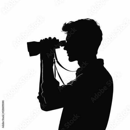 Silhouette of Man Using Binoculars - Black and White Minimalist Art
