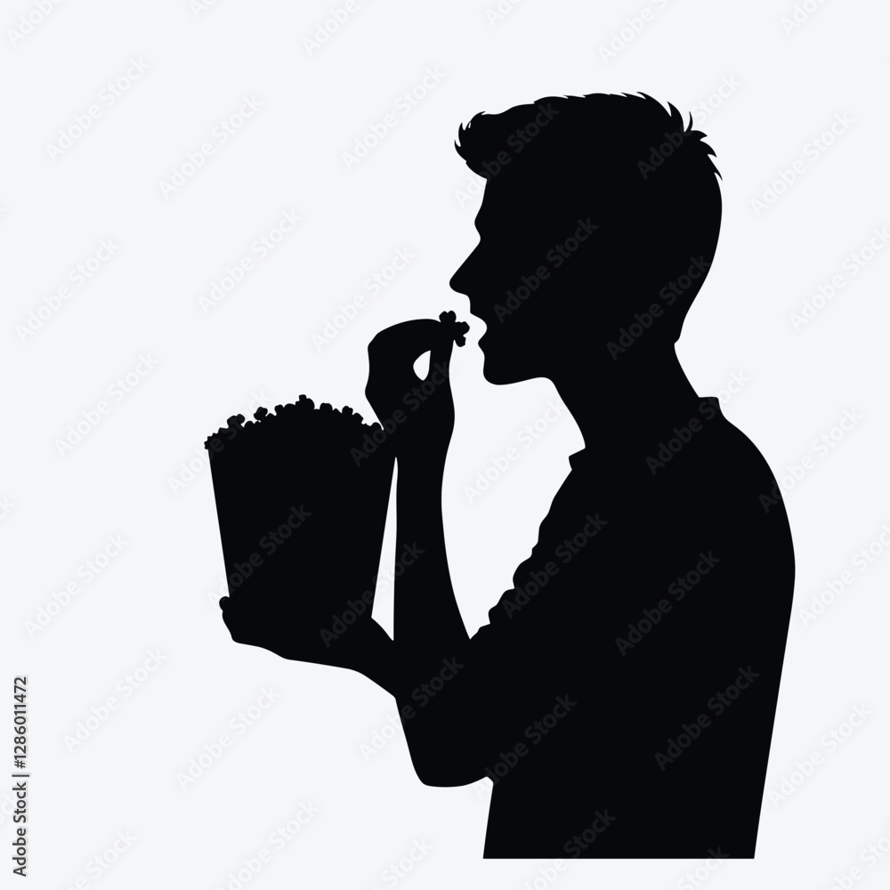 Silhouette of Person Eating Popcorn - Black and White Illustration Silhouette of Person Eating Popcorn - Black and White Illustration