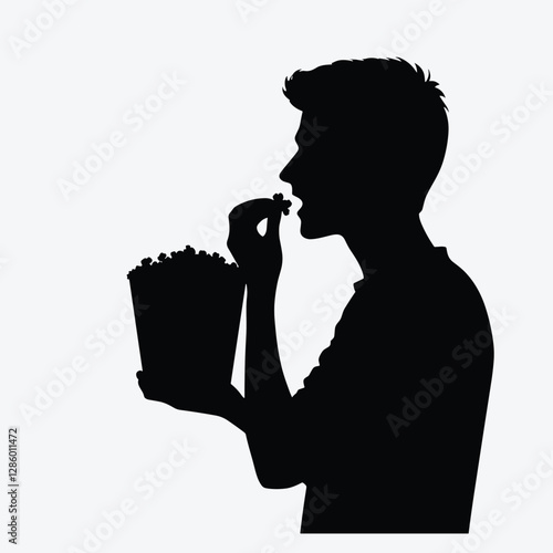 Silhouette of Person Eating Popcorn - Black and White Illustration