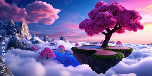 A tranquil garden resting on floating islands high above the clouds. Cherry blossoms drift weightlessly in the air, and glowing lotus ponds reflect a dreamy pink and purple sky. 