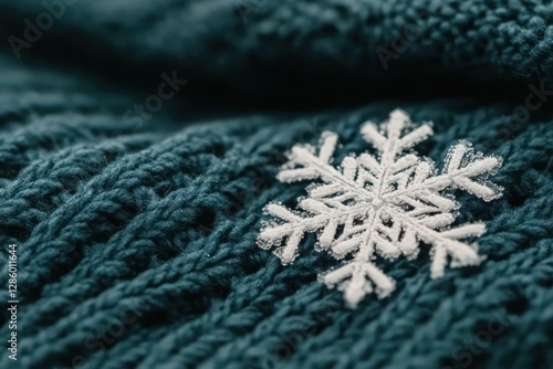 White Snowflake on Teal Knitted Fabric photo