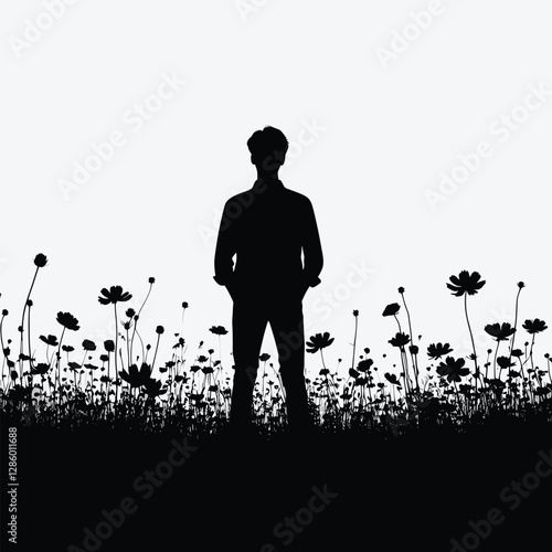 Silhouette of Person in Field of Wildflowers in Black and White