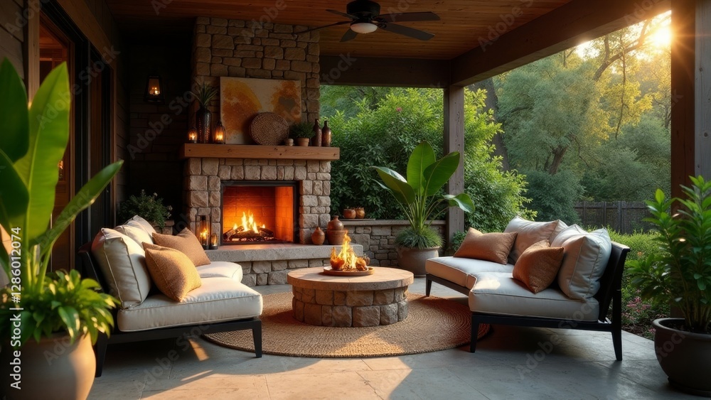 Fototapeta premium Serene outdoor patio with stone fireplace, cozy seating, and fire pit at sunset
