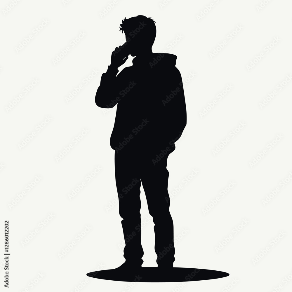 Silhouette of a man standing and talking on the phone, wearing casual clothes, against a plain background. Silhouette of a man standing and talking on the phone, wearing casual clothes, against a plain background.
