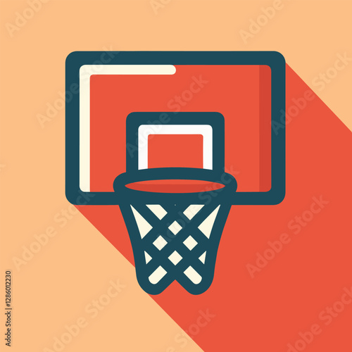 Flat vector illustration of a basketball hoop and backboard with a long shadow, featuring a modern, minimalistic design.