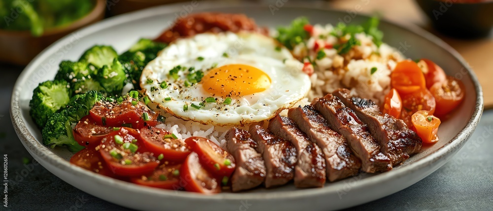 Gourmet meal with rice, fried egg, sliced meat, and vegetables on a white plate Gourmet meal with rice, fried egg, sliced meat, and vegetables on a white plate